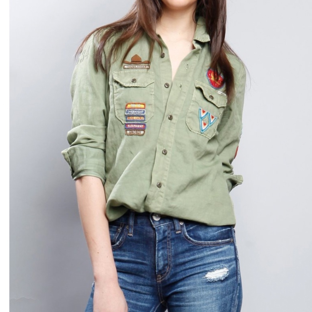 MOTHER Olive Green Button-Down Shirt with Patch Details